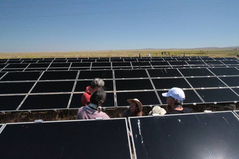 Engineers inspecting a solar array